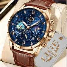 LIGE Luxury Quartz Men's Watch Leather Moonphase Waterproof Luminous Wristwatch