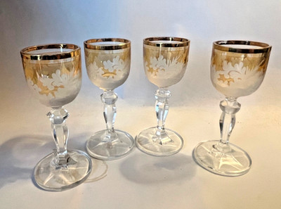 5 AURUM CRYSTAL Cordial Glasses Bohemia Intaglio Cut Crystal - Amber, Iridescent