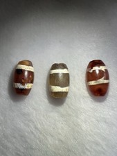 Vintage Tibetan Agate Dzi Barrel Beads   Brown Carnelian Stripe   3pcs Lot