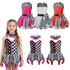 Kids Girls Circus Clown Halloween Cosplay Striped Sequins Pompoms Leotard AU