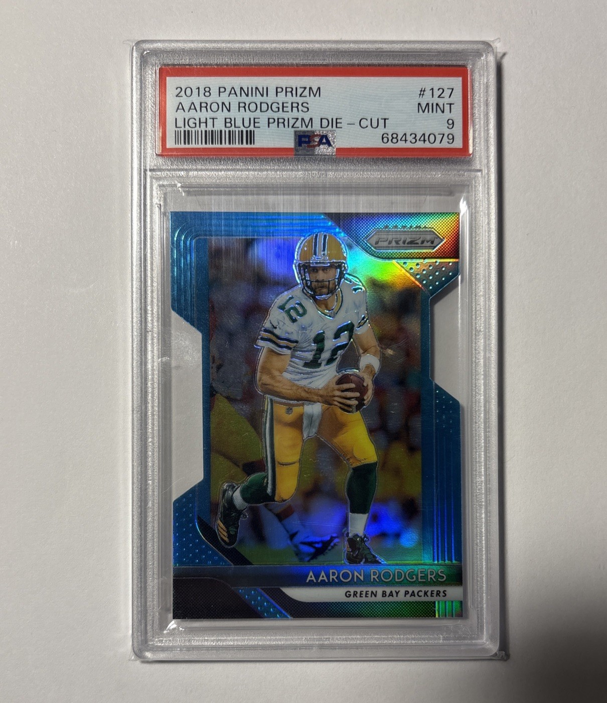 2018 Panini Prizm Aaron Rodgers Light Blue Prizm Die-Cut #127 Mint 9 #110/199