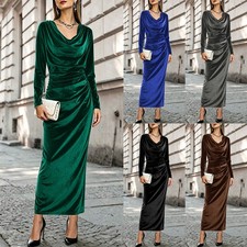 Womens Long Sleeve Party Ruched Velvet Prom EveninG Maxi Bodycon Dres  SIZE 6-18