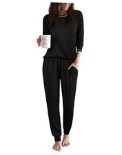 Women Pajama Sets 2 Piece Long Sleeves and Joggers Sleepwear Set Medium Black