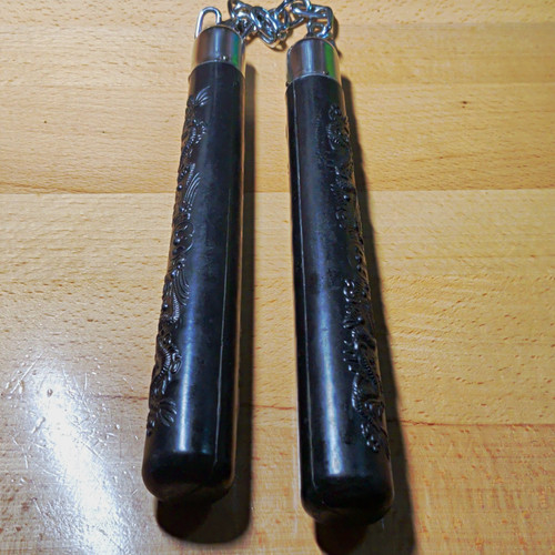 Black Martial Arts Nunchaku w/ Chain, Approx. 11 in Sticks, Dragon Style
