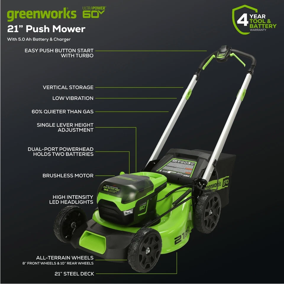 Cortacésped Greenworks 60V 21" (dos puertos de batería) con batería de 5Ah y cargador rápido Foto 2 de 4