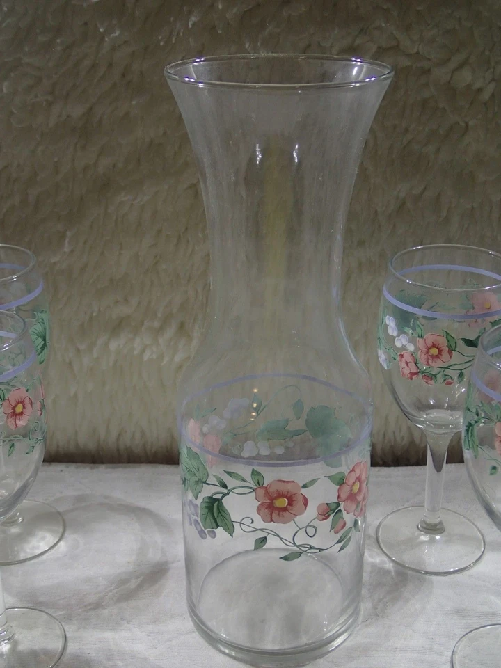 Wine decanter service set 9 piece LIBBEY glassware Vintage Painted Glass MINT - Image 3 of 4