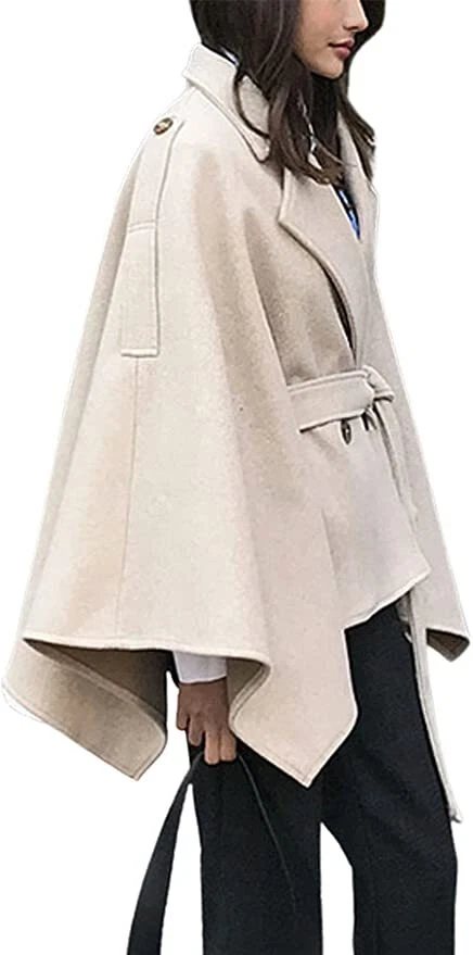 Women's Elegant Lapel Collar Wool Blend Bow-Tie Poncho Cape Jacket with Belt