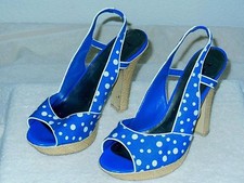 Y-not? Sandals/Heels--size 8 M---Fabric upper, pretty blue & polka dots!!--EUC