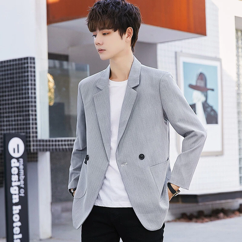 Mens Lapel Collar Jacket Korean Fashion One Button Blazer Formal Dress Suit Coat