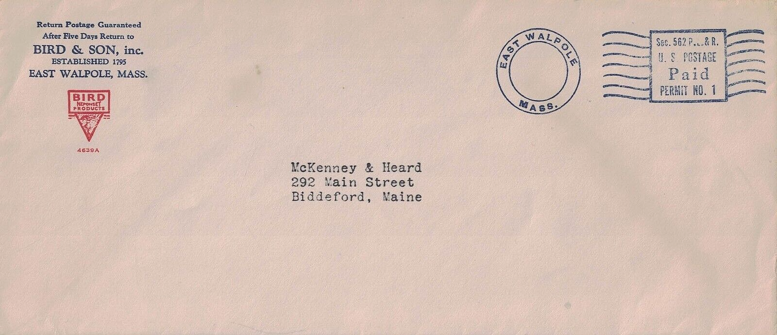 1930's East Walpole, Massachusetts Meter Permit No. 1 on Bird & Son Adv