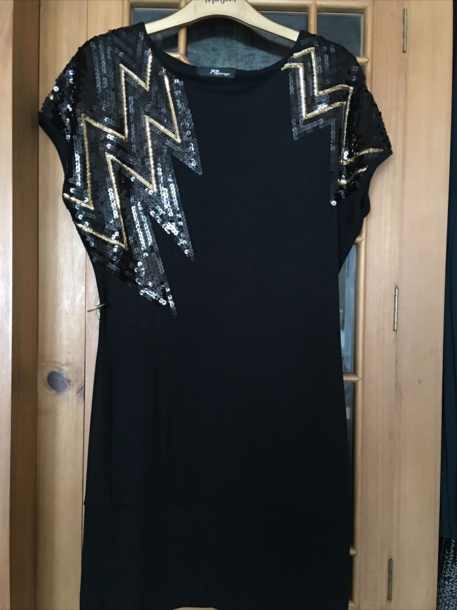 Jane Norman Black Sequins Shoulder Top Mini /tunic Dress Sz 12 - Main Image