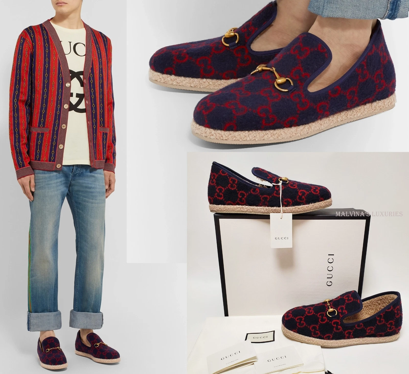 CHAUSSURES GUCCI MOCASSINS HOMME FRIA GG LAINE MARINO SHEARLING HORSEBIT taille 7 / 7,5