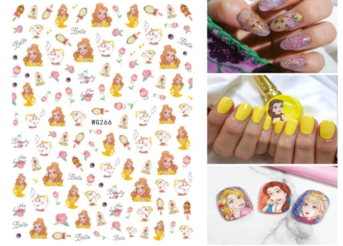 Cute Nail Stickers Cartoon Disney Princess Bella Nail Art Decals 3D Self  Adhesiv