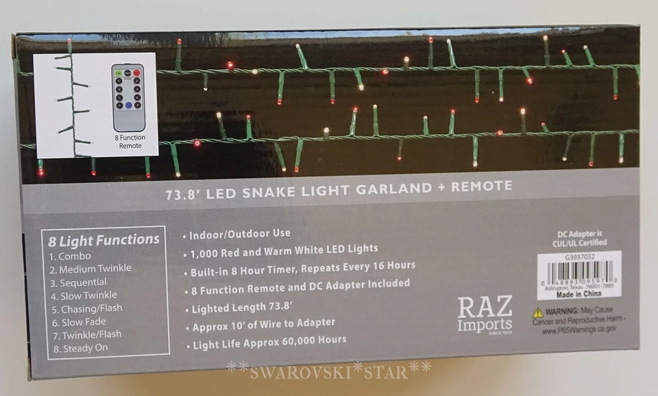 RAZ IMPORTS 73.8' LED SNAKE GARLAND GREEN WIRE RED WHITE 1000 LIGHTS CHRISTMAS - Image 3 of 4