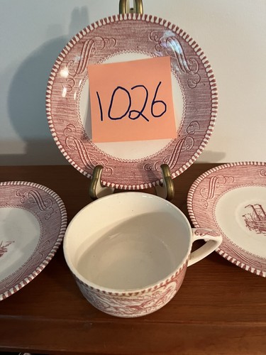 Vintage Currier and Ives "Low Water in the Mississippi" 3 Red Saucers 1 Cup - Picture 5 of 5