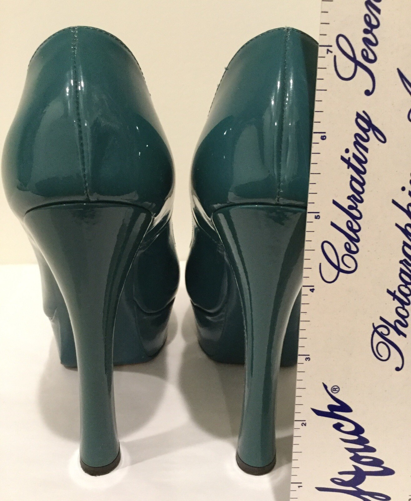 YSL Yves Saint Laurent Palais platform pump ~ Sz 36.5 ~ Open Toe ~ Teal Blue
