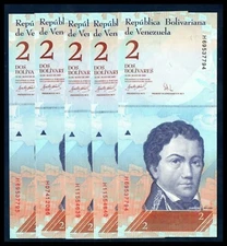 Venezuela UNC Lot 5 Pieces 2 Bolivares Fuertes BsF 2007 - 2014