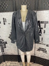 Wdny Plus 1x Black Metallic Sequin Lined One Snap Long Ruched Sleeve Blazer