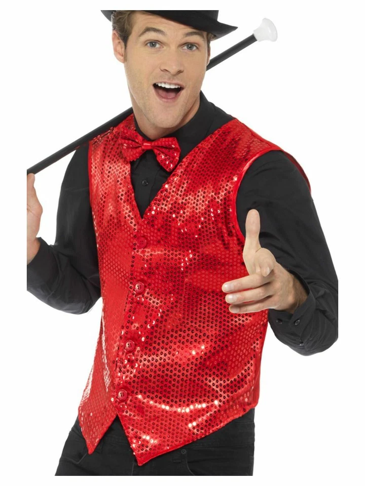 NEW Sequin Waistcoat in Gold or Silver or Red, Men's Party Fancy Dress Costume - Image 2 of 2