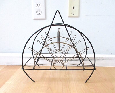 Vtg MCM Black Brass Tone Wagon Wheel Sunburst Geometric Magazine Rack Holder