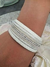 Sublime Bracciale Donna Similpelle Bianca E Strass Con Chiusura Magnetica Nuovo