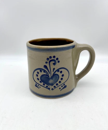 Vintage 1995 BBP Beaumont Brothers Pottery Stoneware Gray Brown Mug Blue Heart