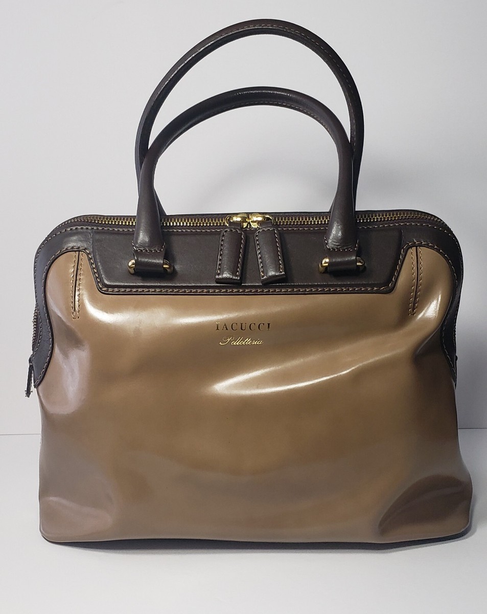 Iacucci Leather Top Handle Bag Caramel Color with Dark Brown Trim