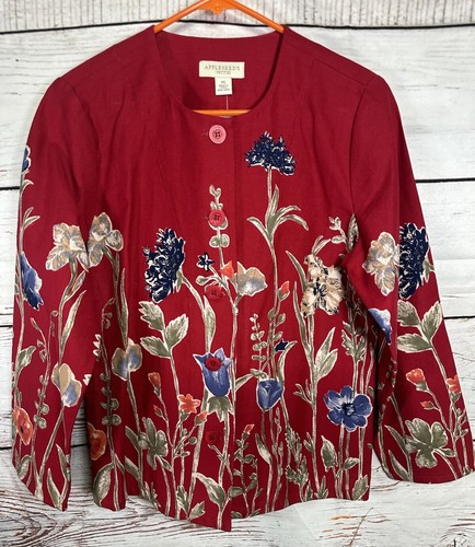 Appleseed's Long Sleeve Button Down Blazer Size Petite PS Red Floral Button