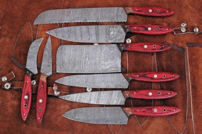 8Pcs Kitchen Knife Set Custom Handmade Professional Damascus Steel, Leather Roll