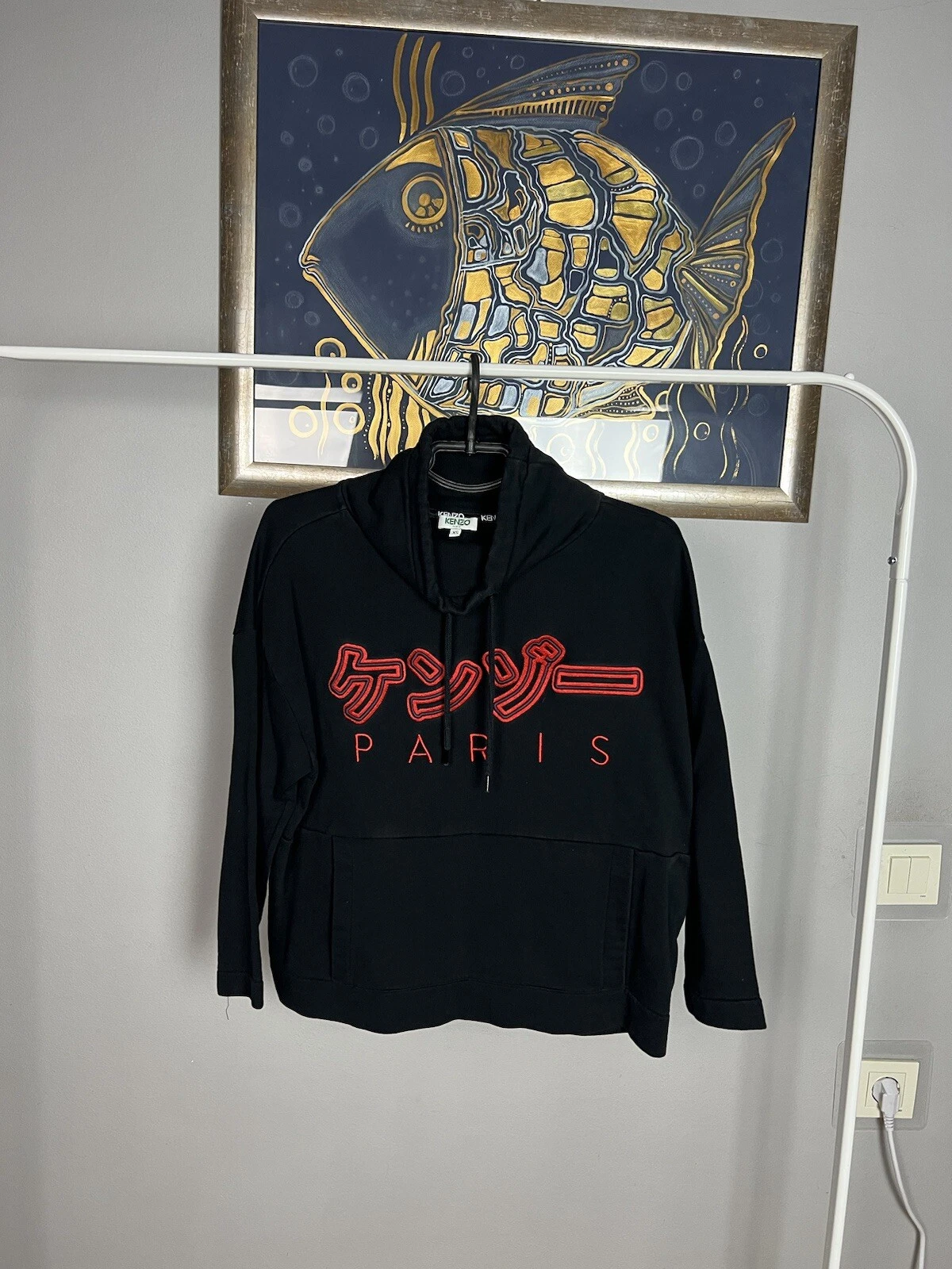 Felpa con cappuccio Kenzo Big Logo stile giapponese nera donna manica 3 4 taglia XS