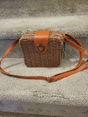 Lucky Rafia Square Straw Cognac Cross Body Shoulder Bag Purse USA NWT 