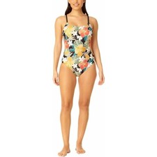 NEW Hurley L One Piece Swimsuit Tropical Floral Coral Teal Gold Black NWT