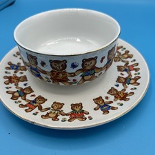 Child  s Bowl And 7.5  Plate. Vintage Bear Friends Theme Ceramic Set From Japan