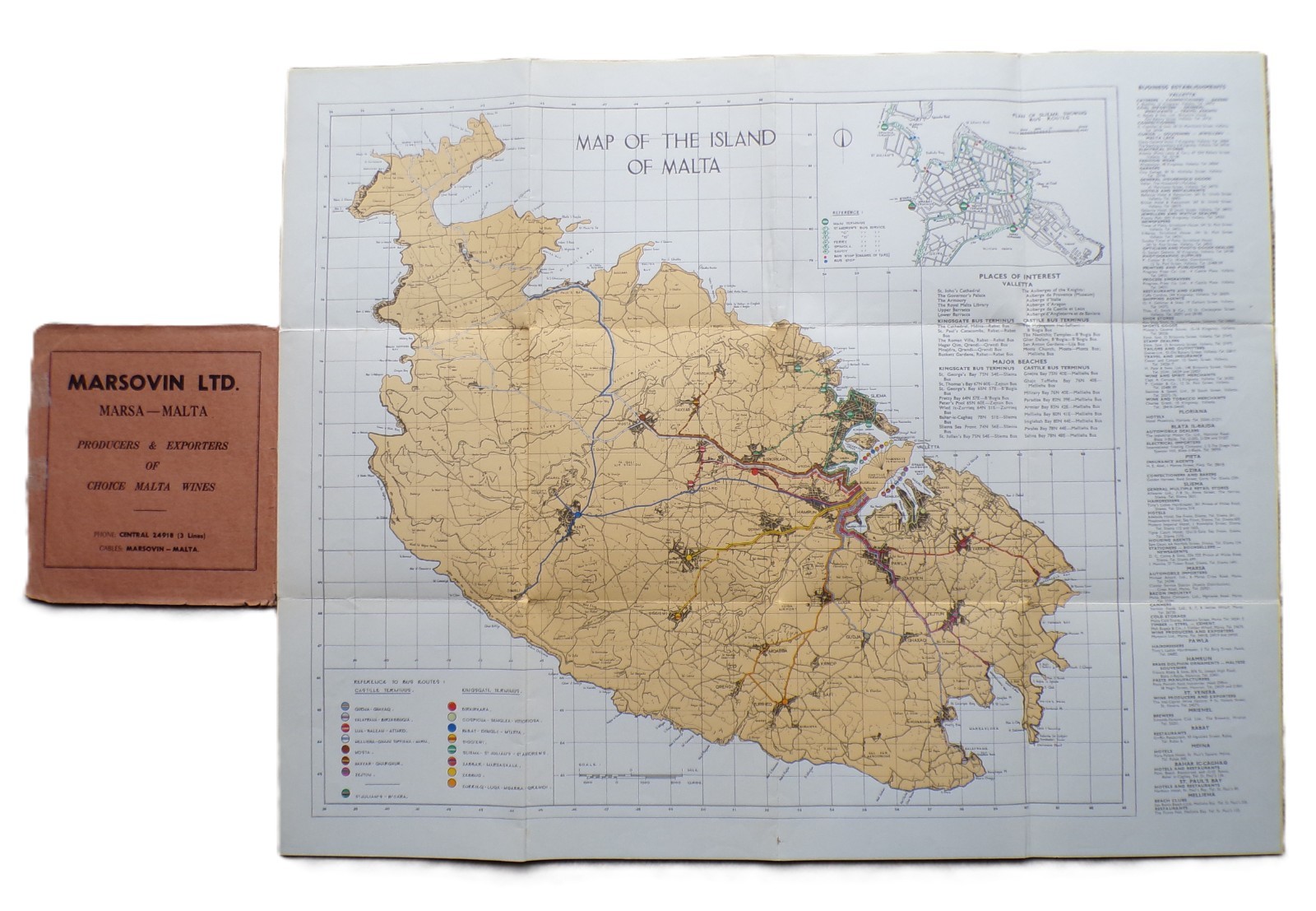c1960 Folding MAP of MALTA showing BUS ROUTES & a Plan of Sliema printed Valetta