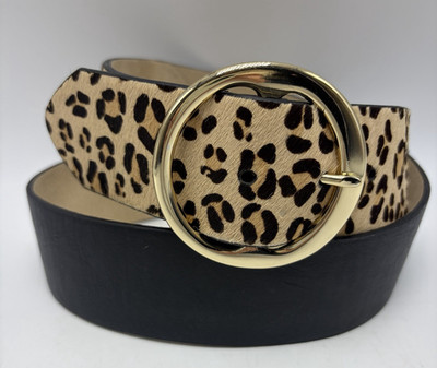 Chicos Statement Belt Womens Medium Black Leather Wide Calf Hair Animal Print