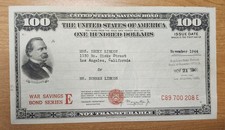 November 1944 Series E $100 United States War Savings Bond C89 700 208 E