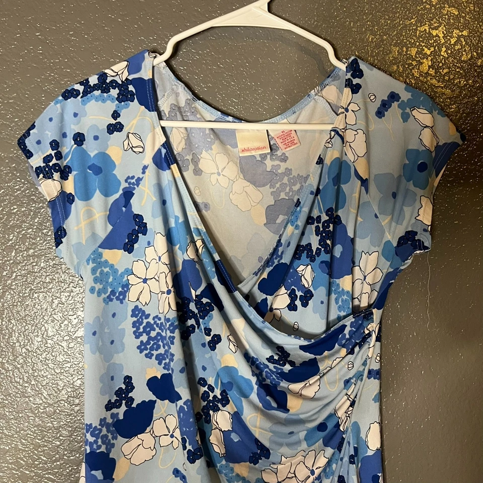 Blusa Top Xhilaration Para Mujer XL Azul Floral Drapeada Capucha Cuello Elástico Foto 2 de 4