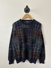 Vintage Sweater Mens XL Navy 90s Crewneck Pullover Grandpa Plaid Wool