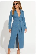 Fashion Nova Alyana Denim Maxi Dress Button Front Medium Wash Womens Size 1X