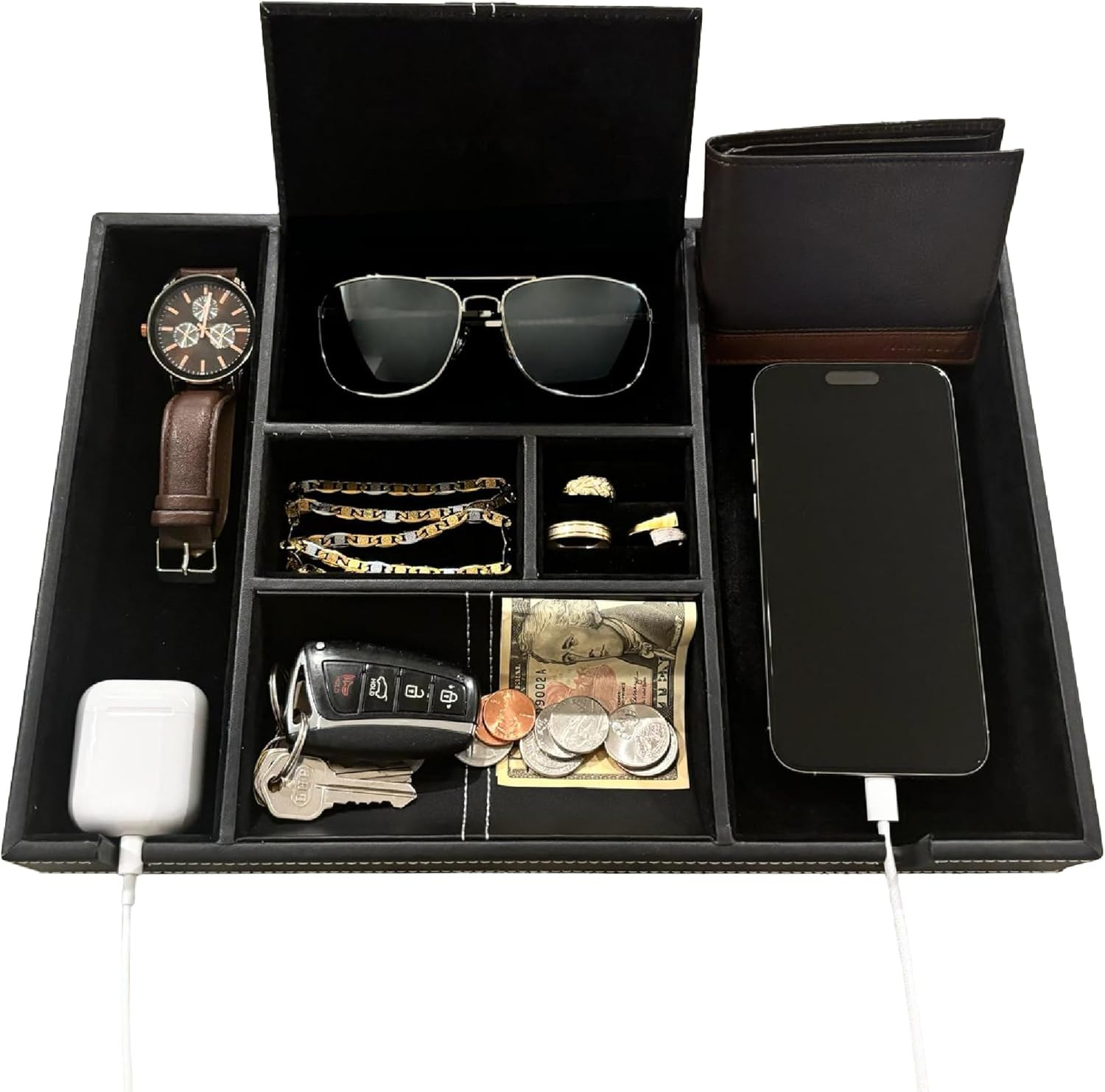 Luxury 6-Compartment Valet Tray for Men with 3 Charging Cord Organizer