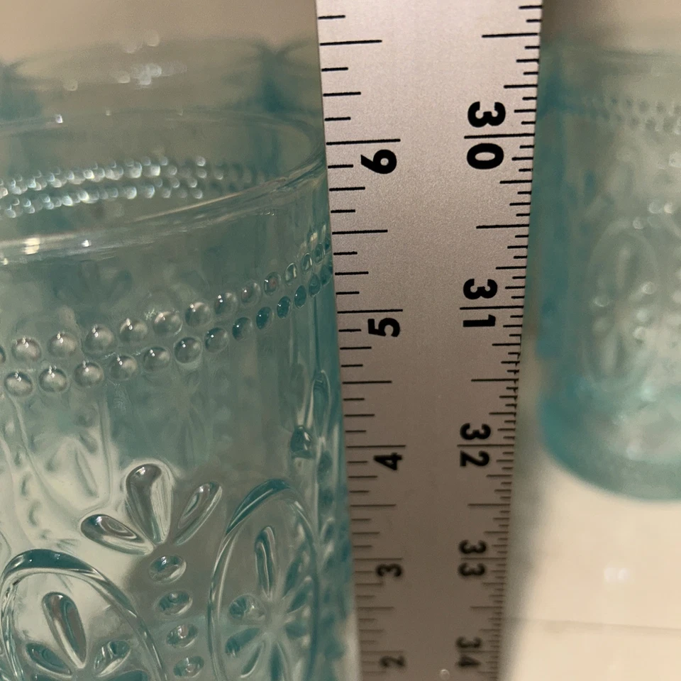 Pioneer Woman Set Of 5 Textured Teal Heavy Drinking Glasses Embossed Design 16oz - Image 3 of 4