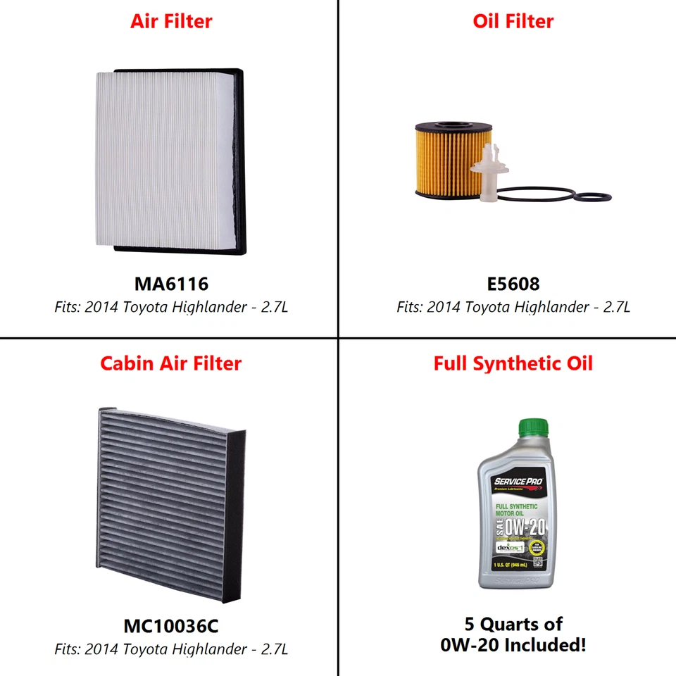 2014 Toyota Highlander 2.7L Complete Air, Oil & Cabin Filter Kit (0W-20) Foto 2 de 4