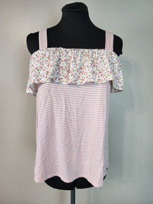 Heimish Usa Small Flounce Tank Ditsy Floral Pink Striped Coquette Cottage Ruffle