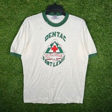 Vintage 80s Hanes Fort Lewis DENTAC Ringer T-Shirt White Green Large USA Made