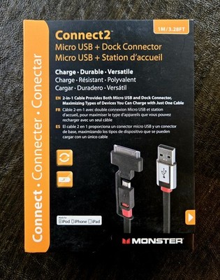 Monster Connect2 2-in-1 Cable Micro USB & Apple 30-Pin Dock Connector NIB NOS