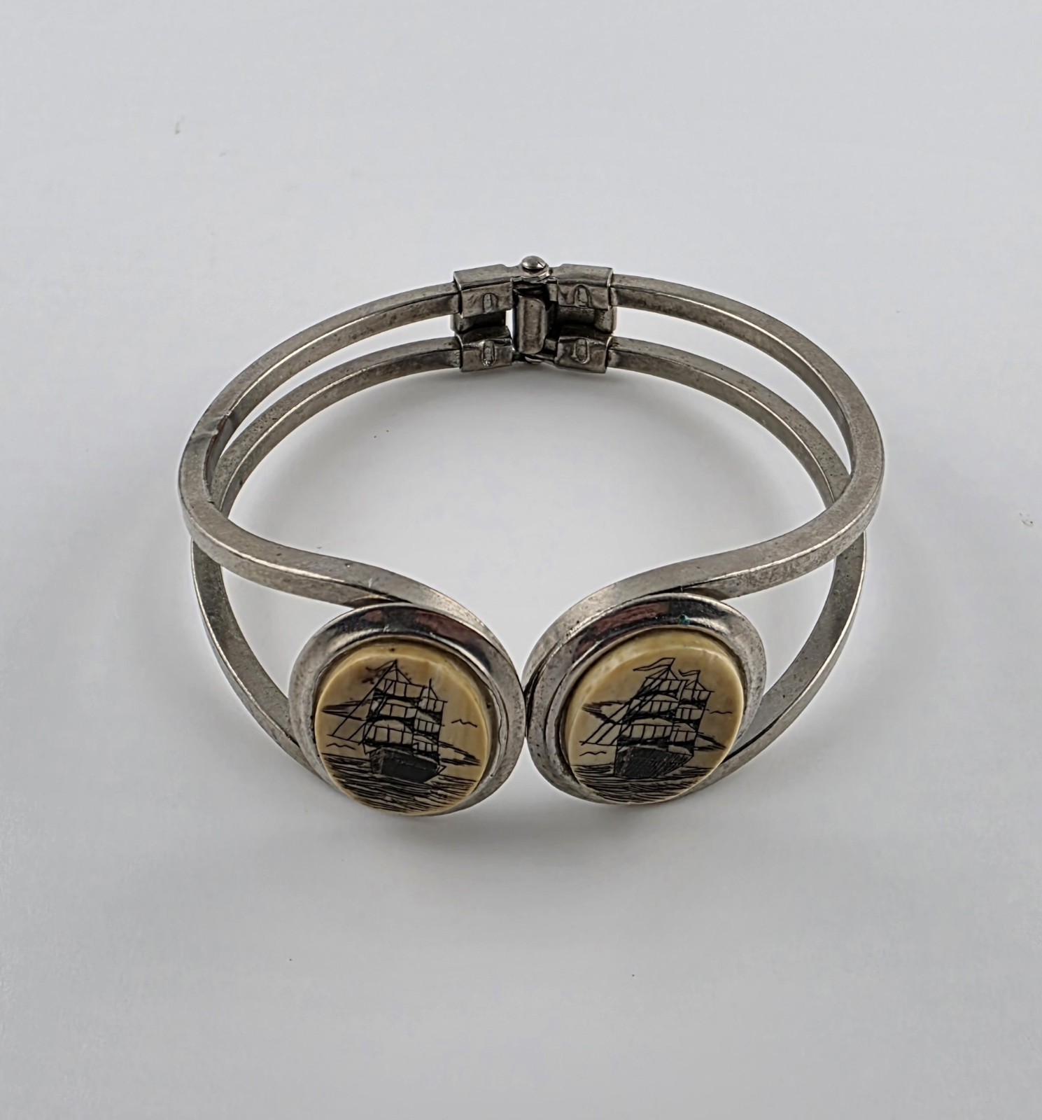 Vintage Scrimshawed Tall Sailing Ship Silver Tone Hinged Cuff Bracelet