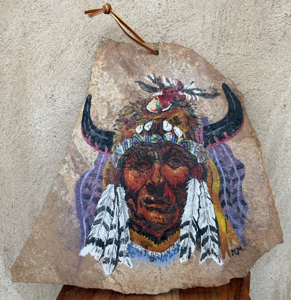 Native American Inspired Portrait Painted On Stone Slab Signed KM Feathers Horns