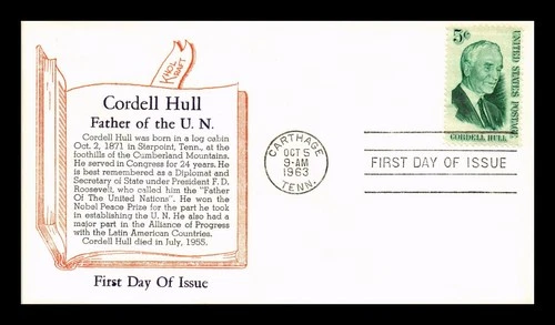 DR JIM STAMPS US COVER CORDELL HULL FATHER OF U N FIRST DAY ISSUE KHOL KRAFT
