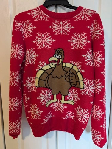Jake Austin Men’s Christmas Thanksgiving Sweater Turkey Snowflakes Red Small