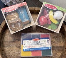 Melissa  Doug Wooden Food Play Sets Fruits Veggies Bread Rainbow Stamp Pad LOT